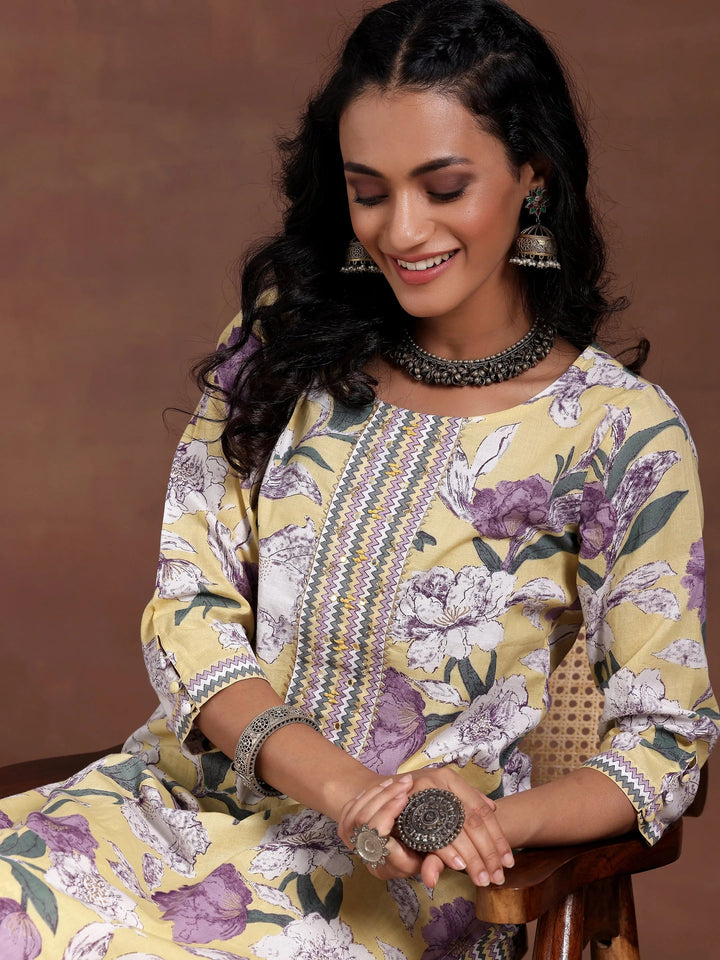 Yellow Printed Cotton Straight Kurta Set