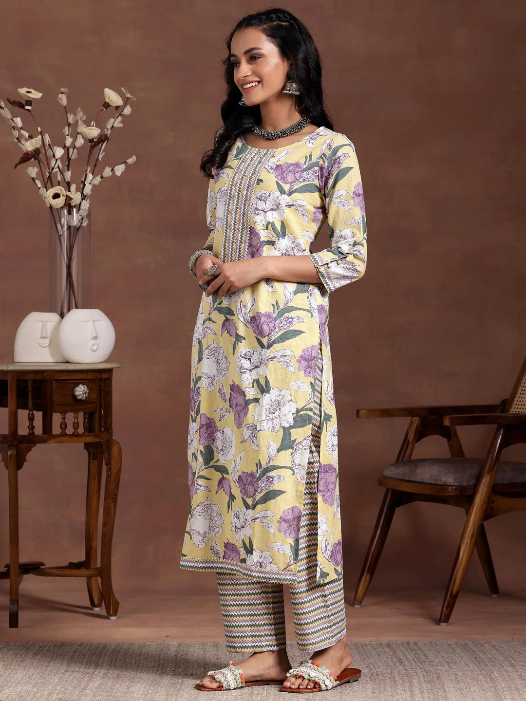 Yellow Printed Cotton Straight Kurta Set