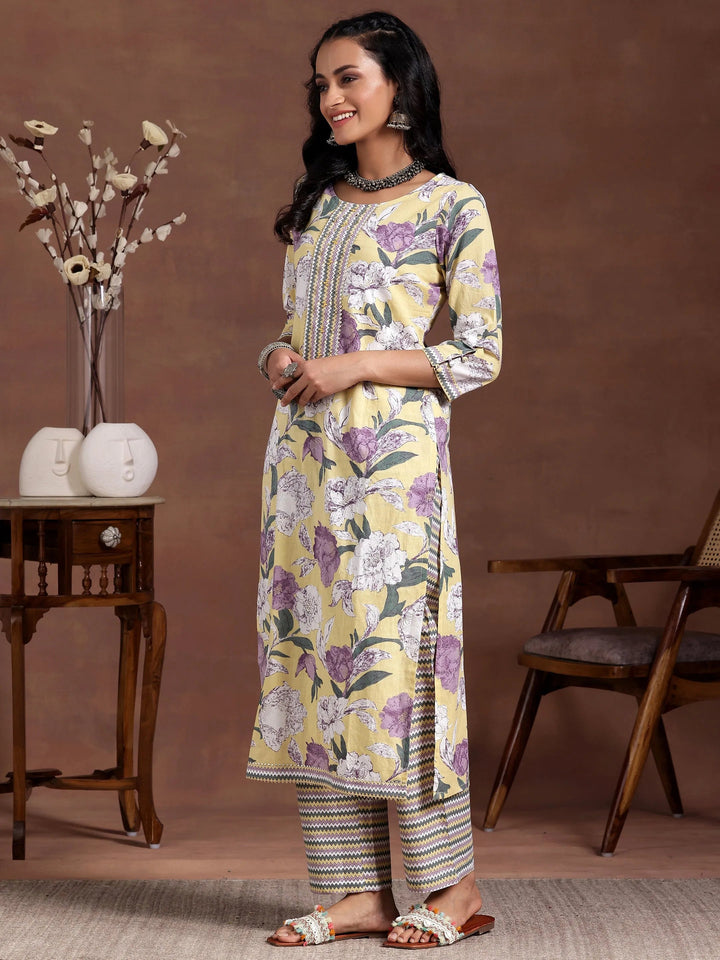 Yellow Printed Cotton Straight Kurta Set