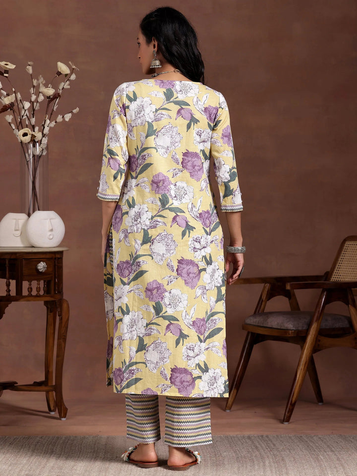 Yellow Printed Cotton Straight Kurta Set