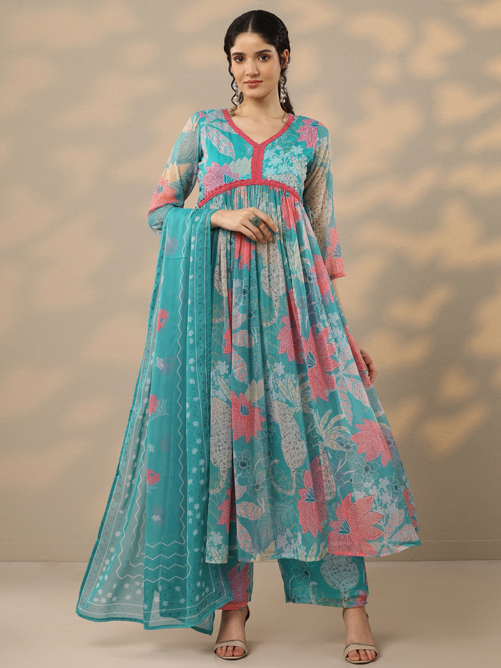 Blue Printed Poly Chiffon A-Line Kurta With Palazzos & Dupatta