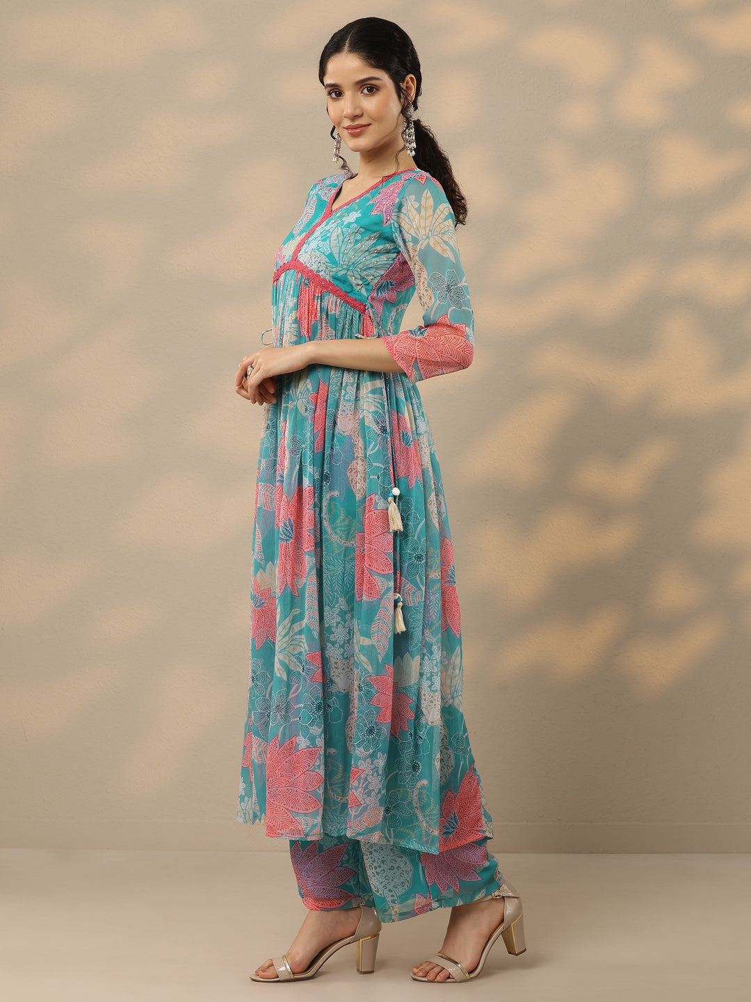 Blue Printed Poly Chiffon A-Line Kurta With Palazzos & Dupatta