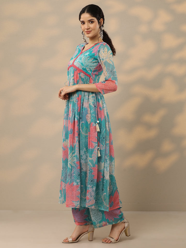 Blue Printed Poly Chiffon A-Line Kurta With Palazzos & Dupatta