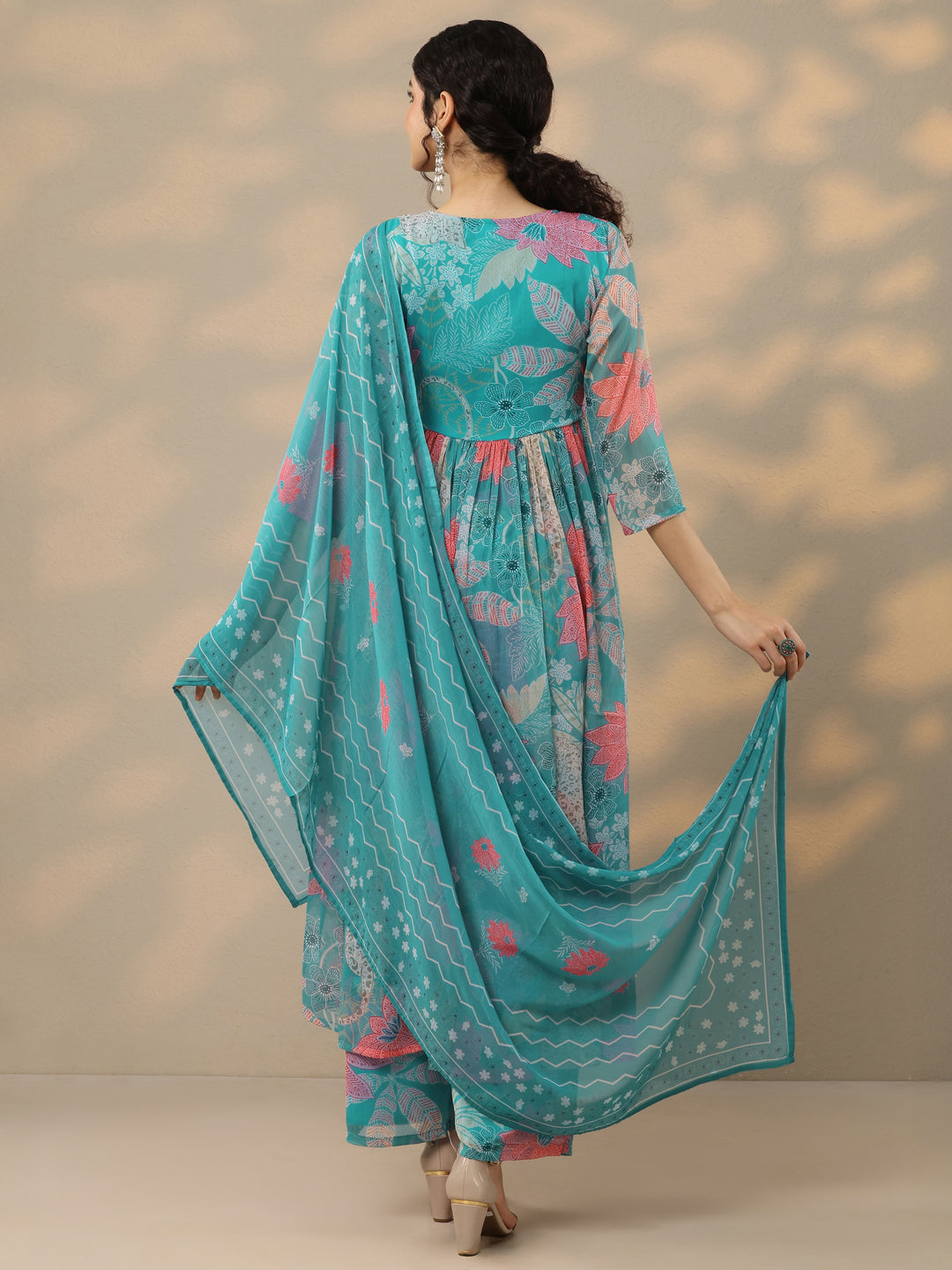 Blue Printed Poly Chiffon A-Line Kurta With Palazzos & Dupatta