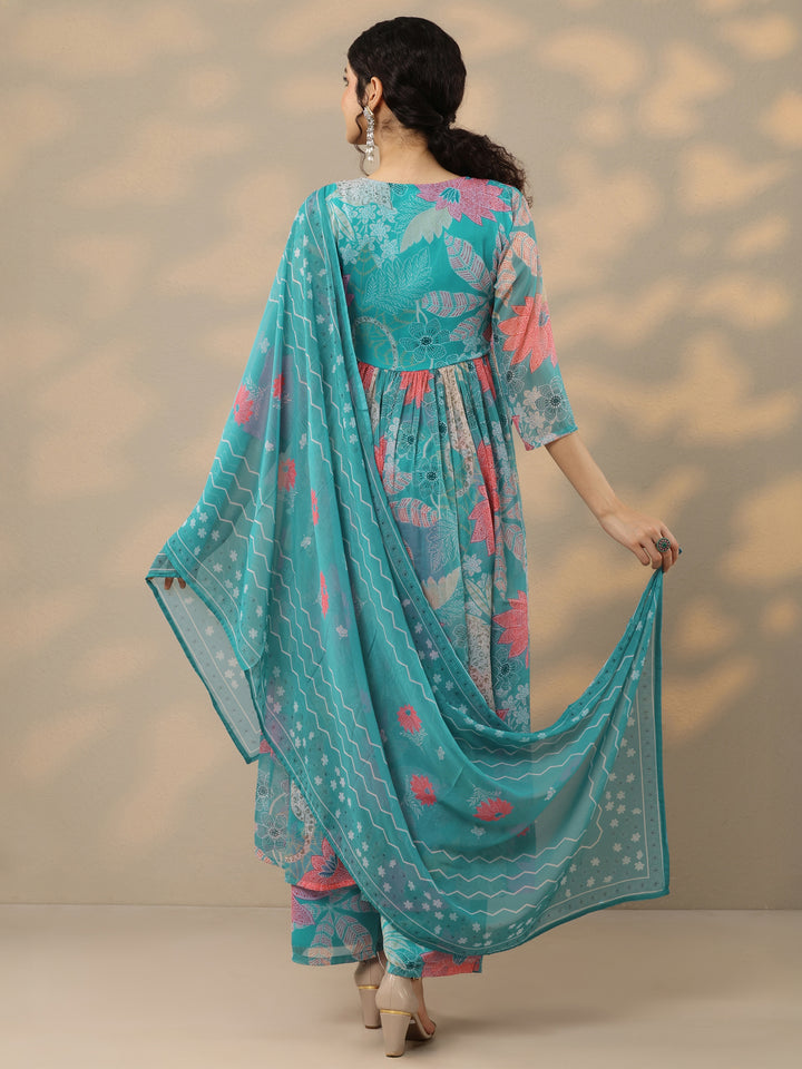 Blue Printed Poly Chiffon A-Line Kurta With Palazzos & Dupatta