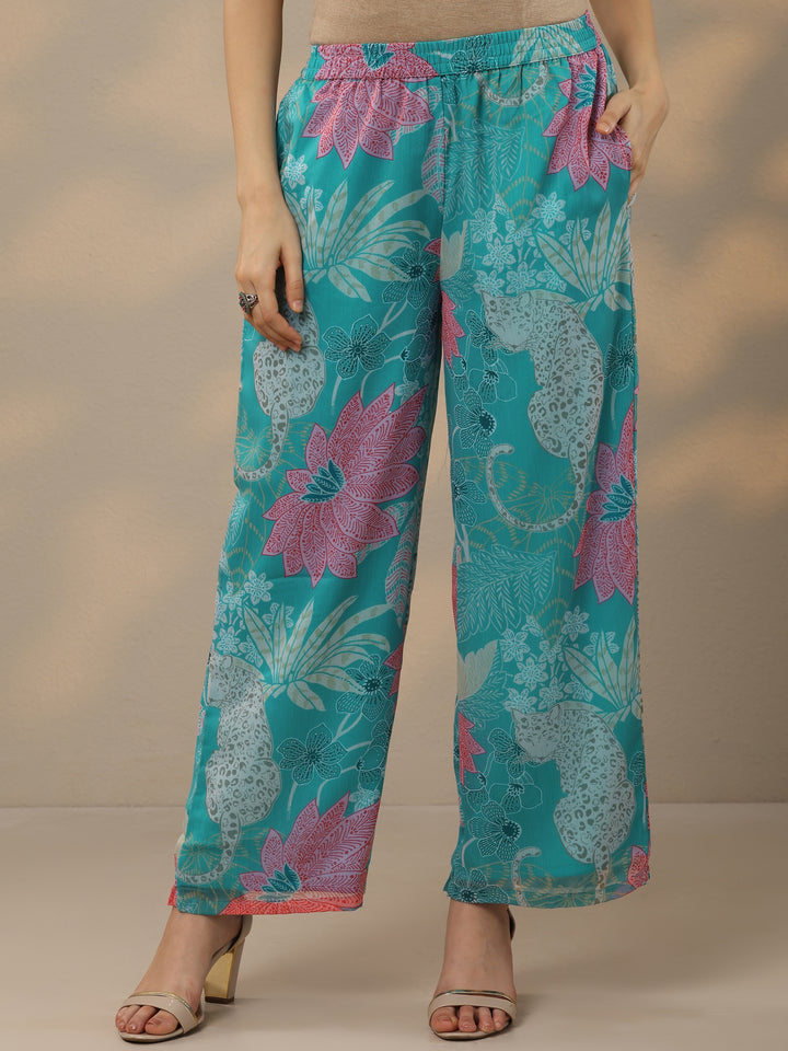 Blue Printed Poly Chiffon A-Line Kurta With Palazzos & Dupatta
