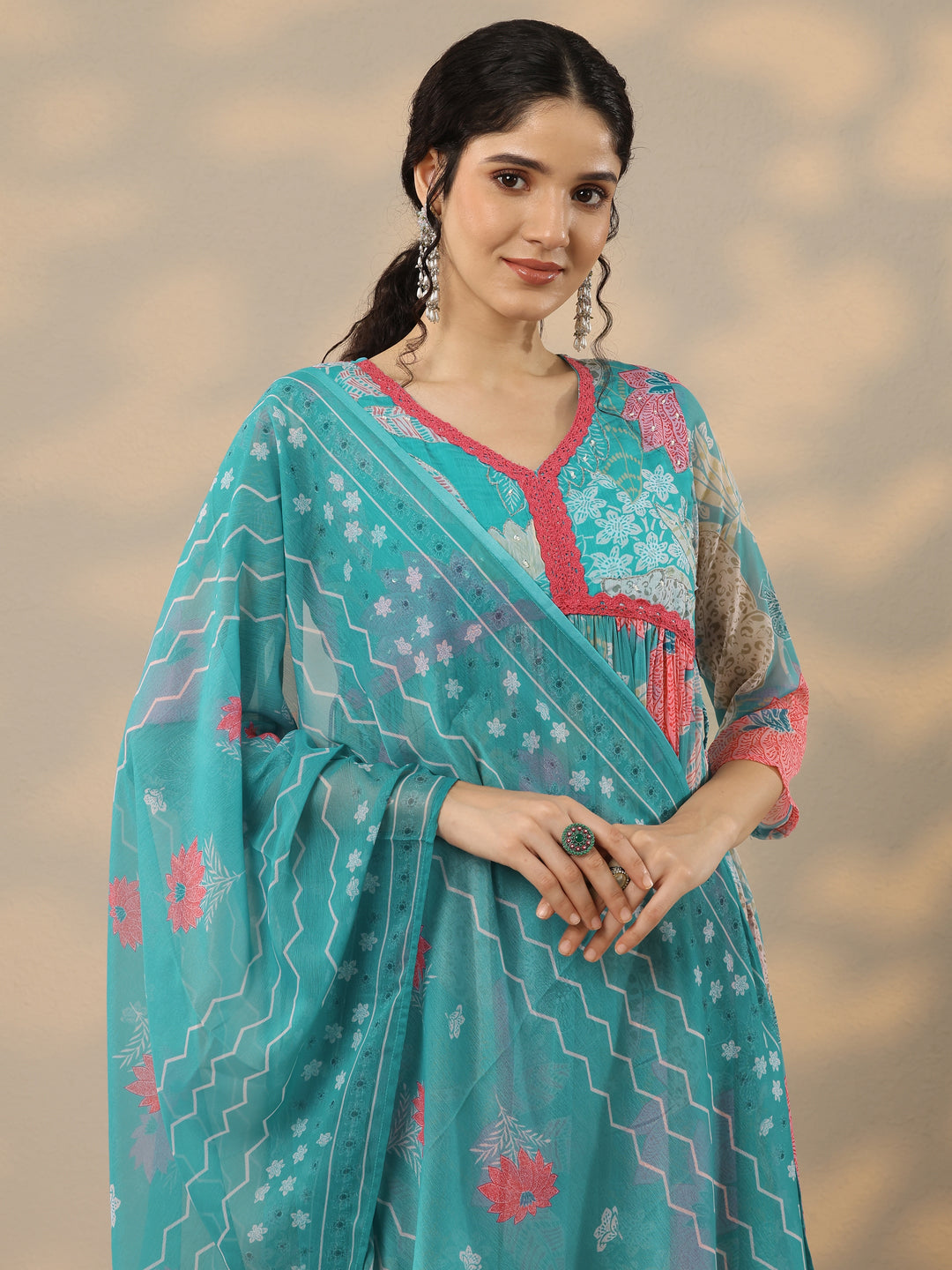 Blue Printed Poly Chiffon A-Line Kurta With Palazzos & Dupatta