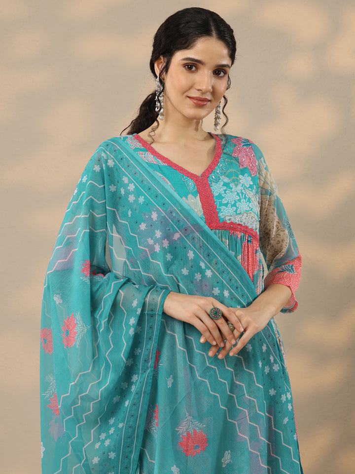 Blue Printed Poly Chiffon A-Line Kurta With Palazzos & Dupatta
