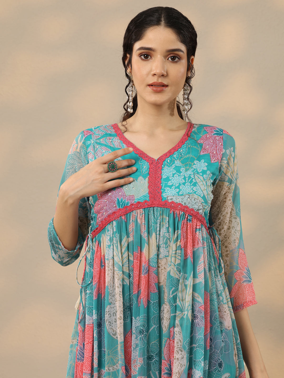 Blue Printed Poly Chiffon A-Line Kurta With Palazzos & Dupatta