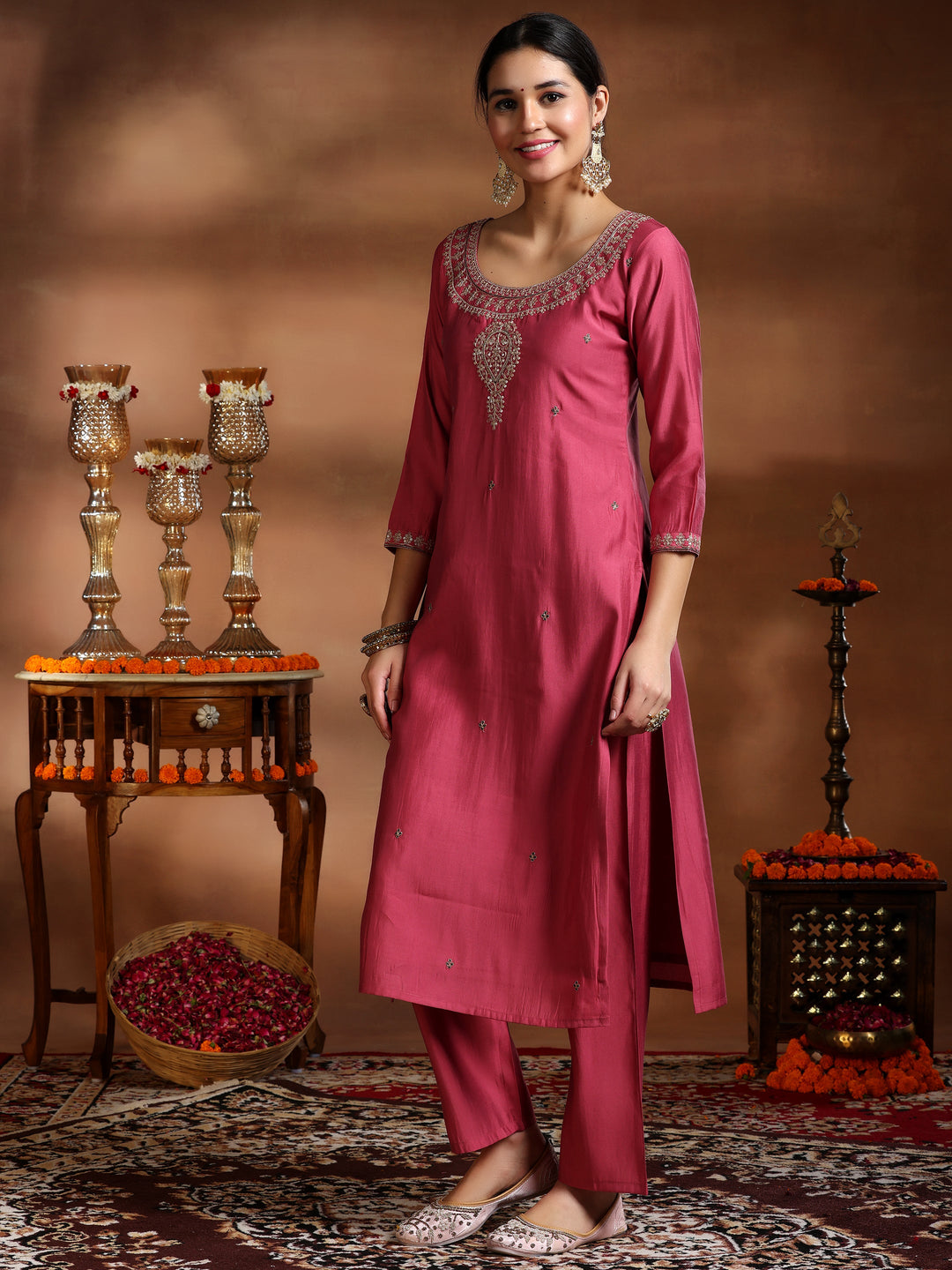 Pink Embroidered Silk Blend Straight Suit With Dupatta
