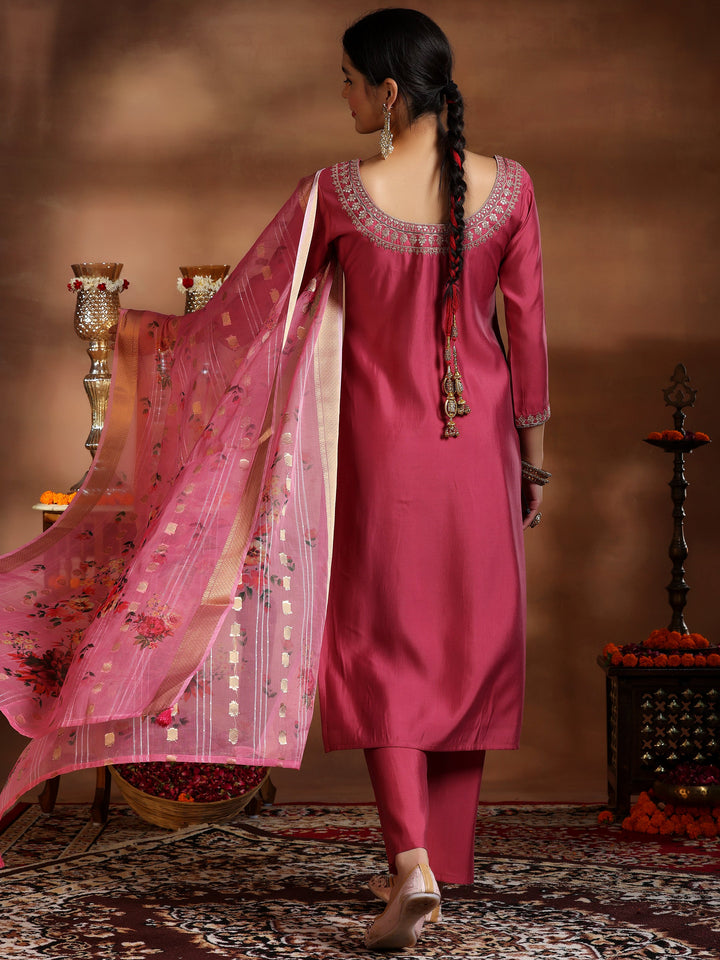 Pink Embroidered Silk Blend Straight Suit With Dupatta