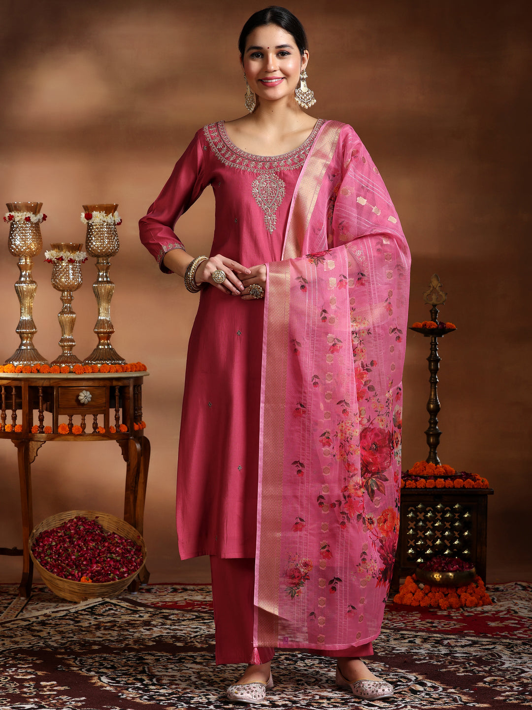 Pink Embroidered Silk Blend Straight Suit With Dupatta