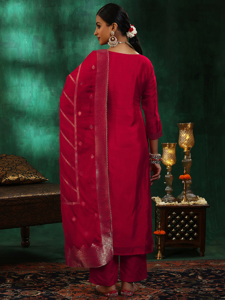 Red Woven Design Silk Blend Straight Suit With Dupatta