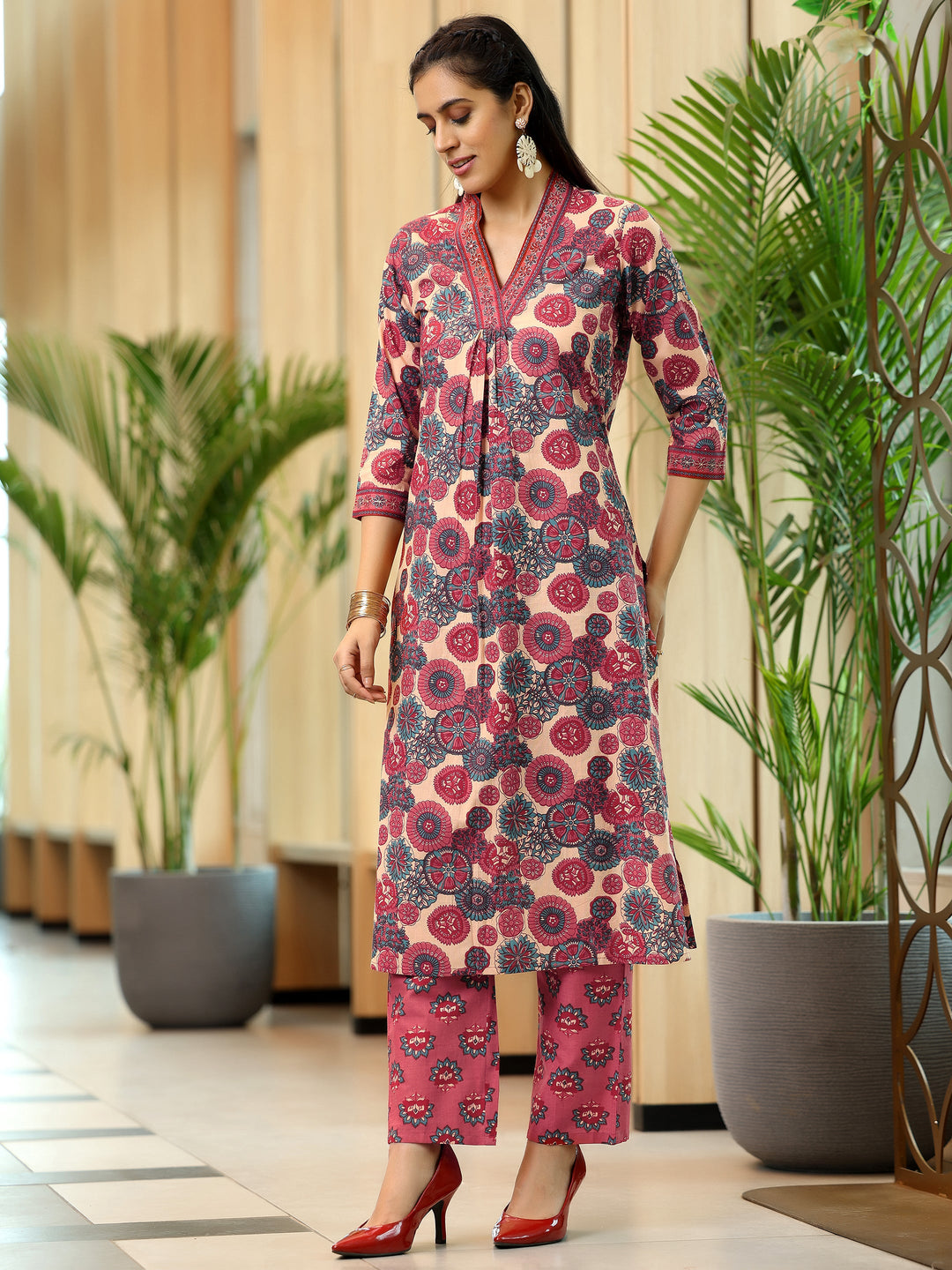 Peach Printed Cotton Straight Kurta Set
