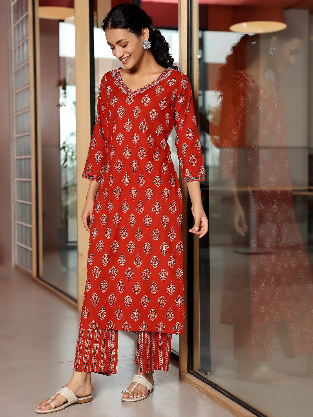 Rust Printed Cotton Straight Kurta Set