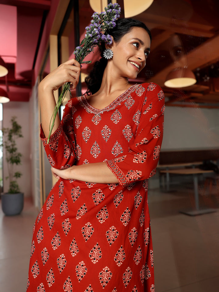Rust Printed Cotton Straight Kurta Set