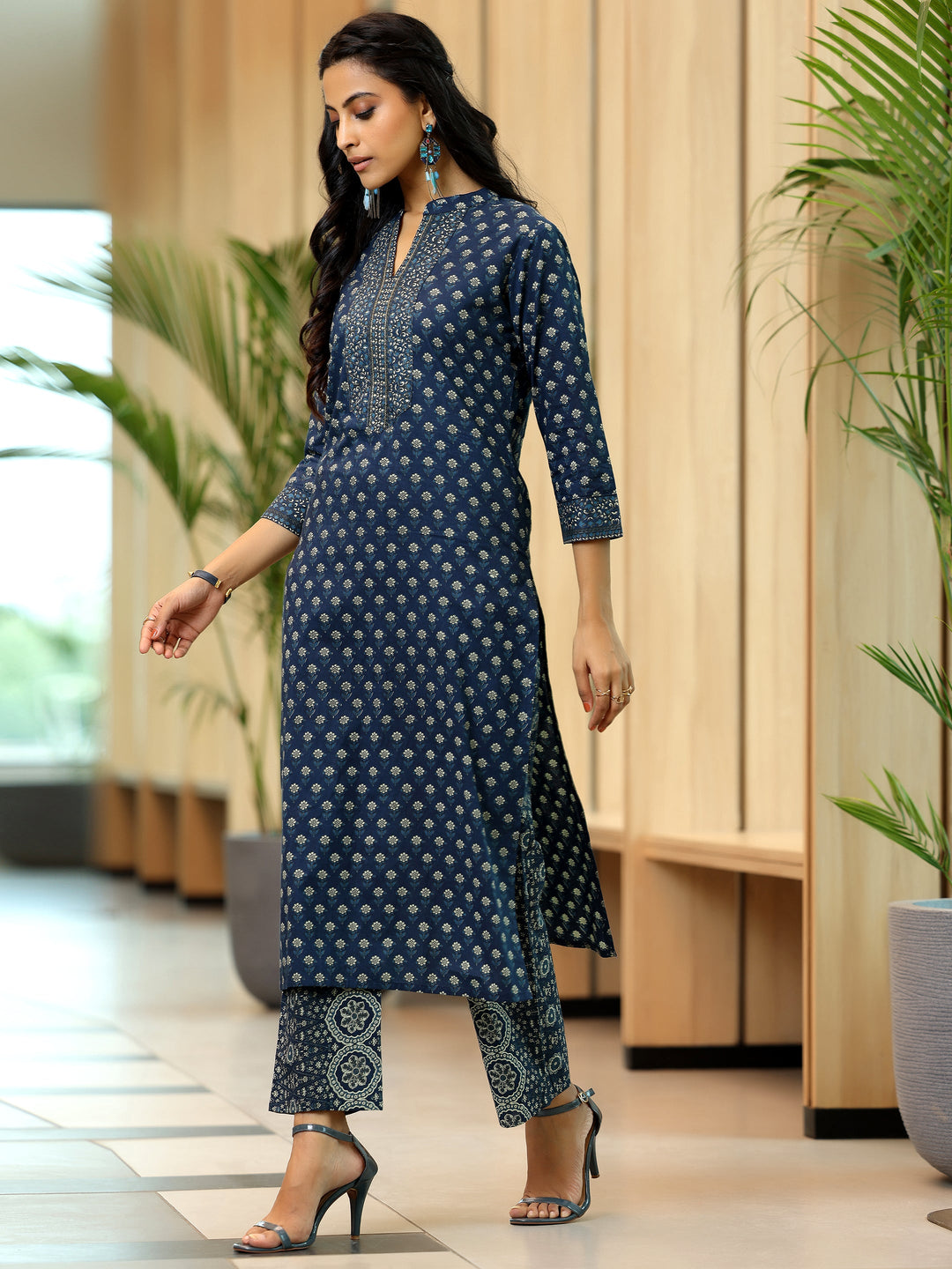 Blue Printed Cotton Straight Suit With Dupatta