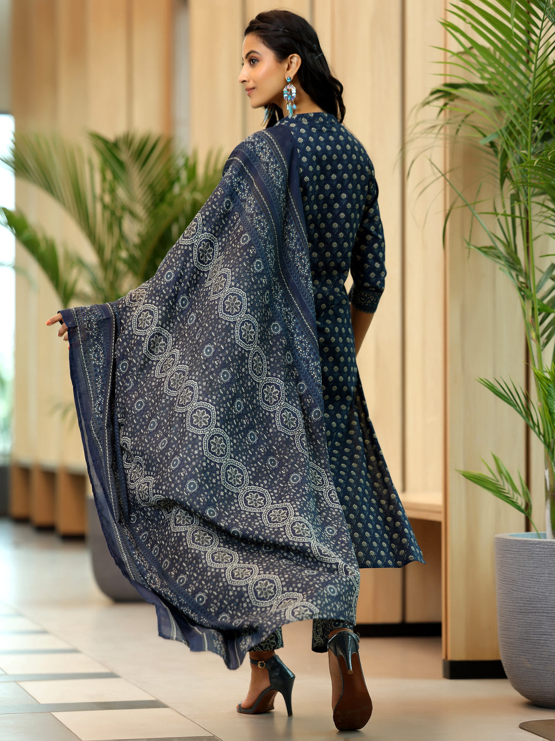 Blue Printed Cotton Straight Suit With Dupatta