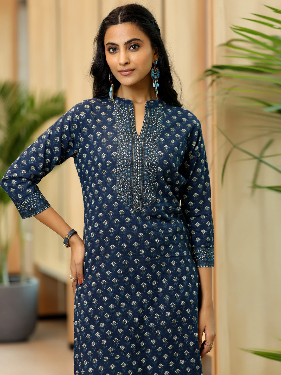 Blue Printed Cotton Straight Suit With Dupatta