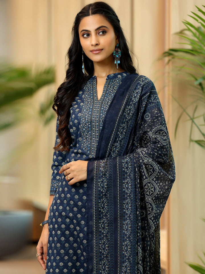 Blue Printed Cotton Straight Suit With Dupatta