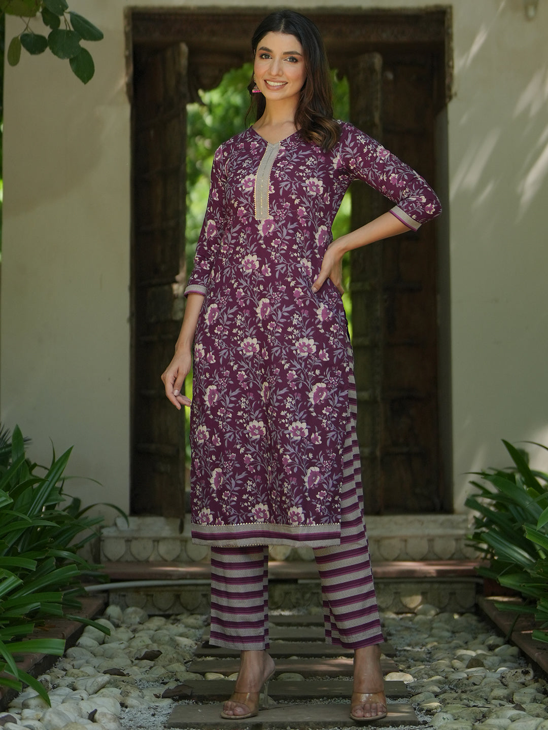 Wine Printed Cotton Straight Kurta Set