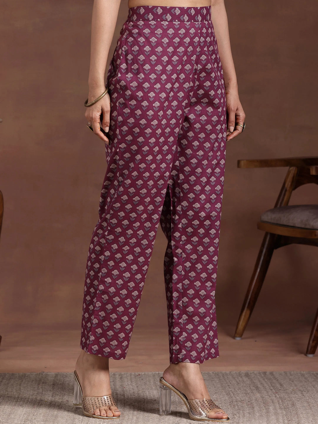 Wine Printed Cotton Straight Kurta Set