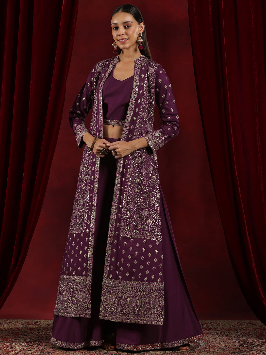Libas Art Wine Solid Silk Blend 3 Piece Co-Ords