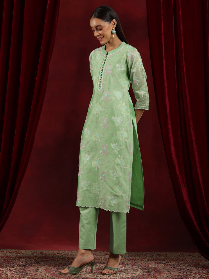 Libas Art Green Embroidered Chanderi Silk Straight Suit With Dupatta