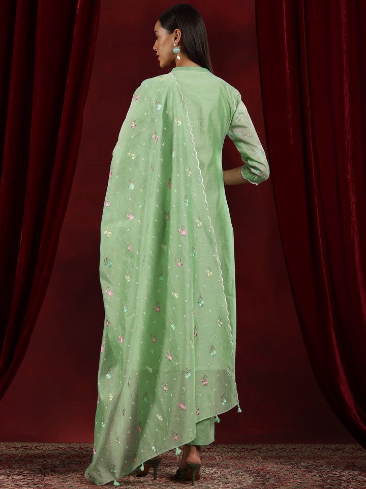 Libas Art Green Embroidered Chanderi Silk Straight Suit With Dupatta