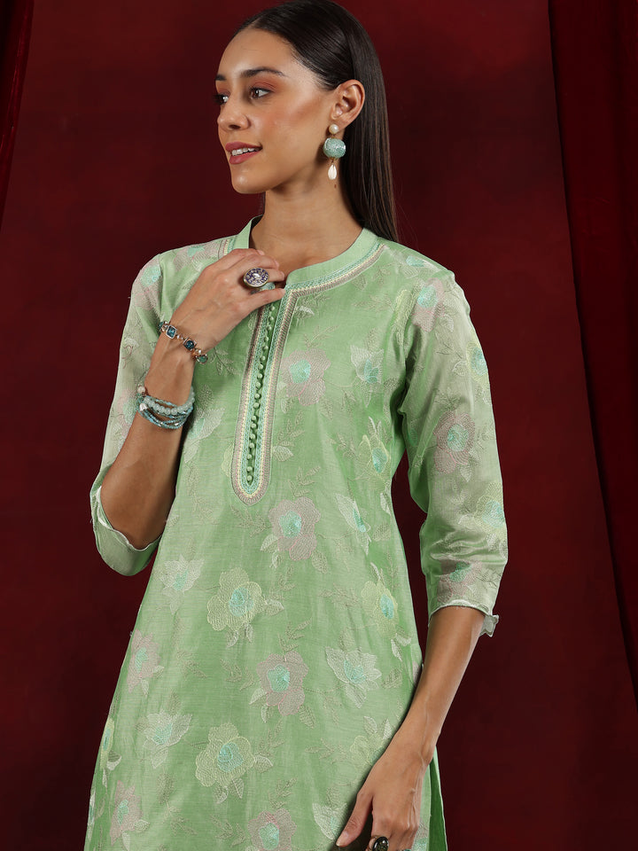 Libas Art Green Embroidered Chanderi Silk Straight Suit With Dupatta