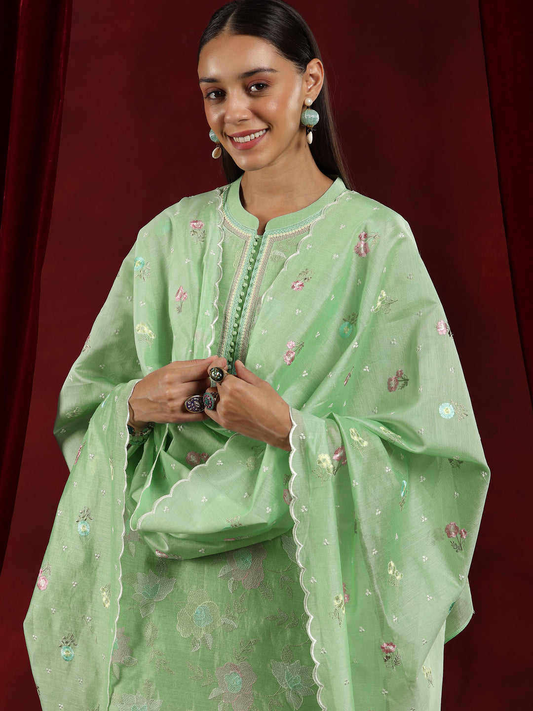 Libas Art Green Embroidered Chanderi Silk Straight Suit With Dupatta