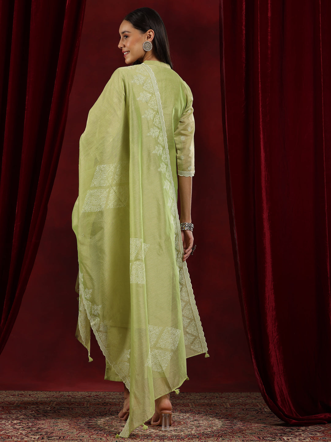 Libas Art Green Embroidered Chanderi Silk Straight Suit With Dupatta