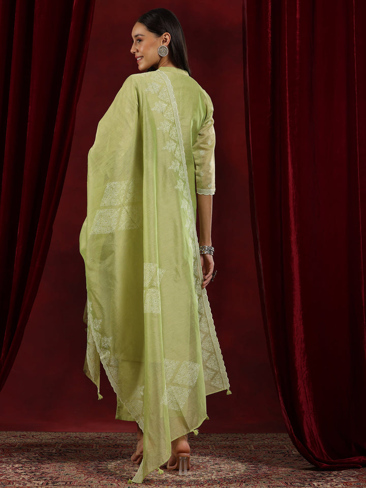 Libas Art Green Embroidered Chanderi Silk Straight Suit With Dupatta