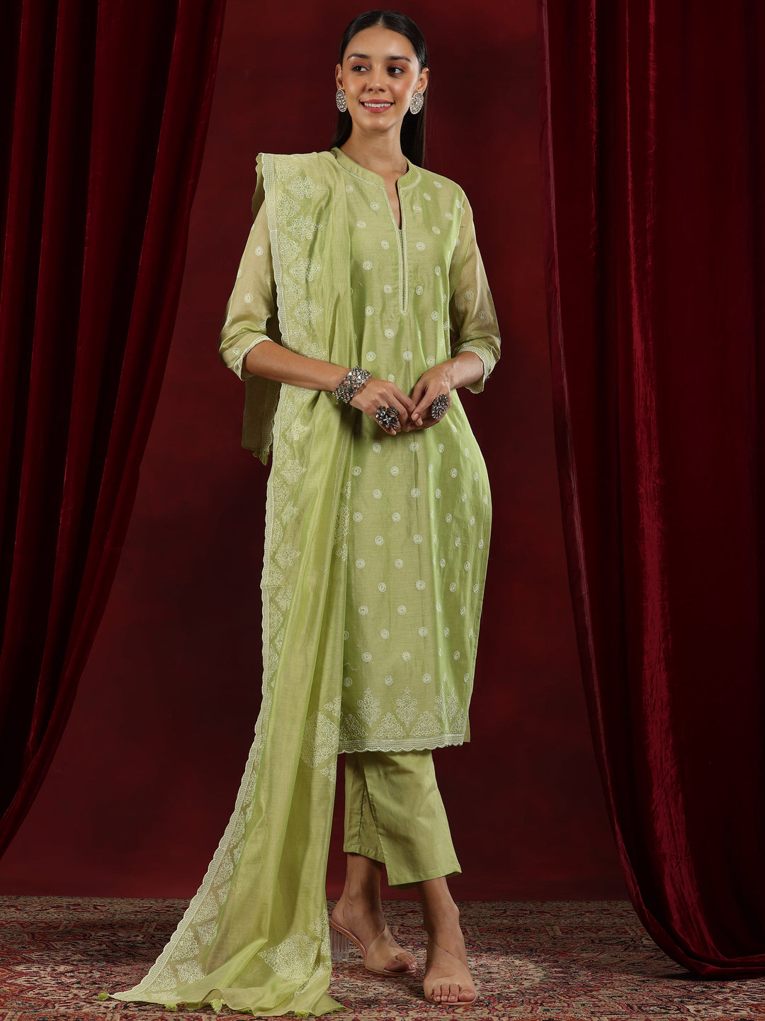 Libas Art Green Embroidered Chanderi Silk Straight Suit With Dupatta