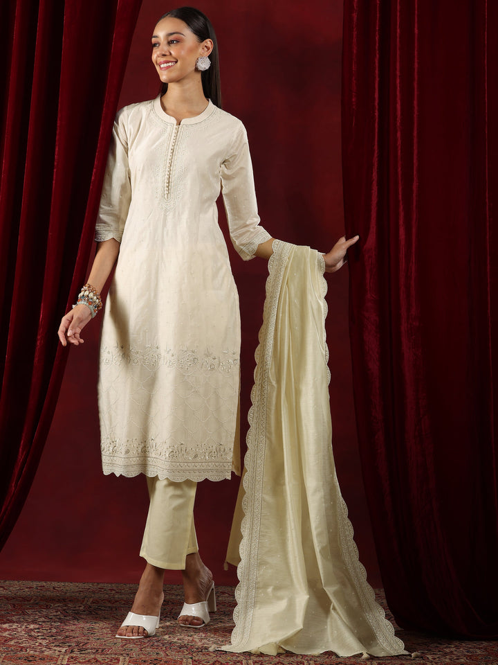 Libas Art Off White Embroidered Chanderi Silk Straight Suit With Dupatta