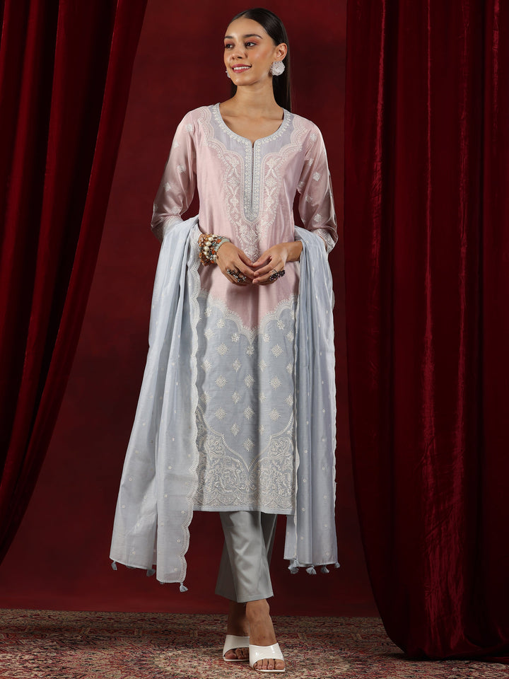 Libas Art Grey Yoke Design Chanderi Silk Straight Suit With Dupatta