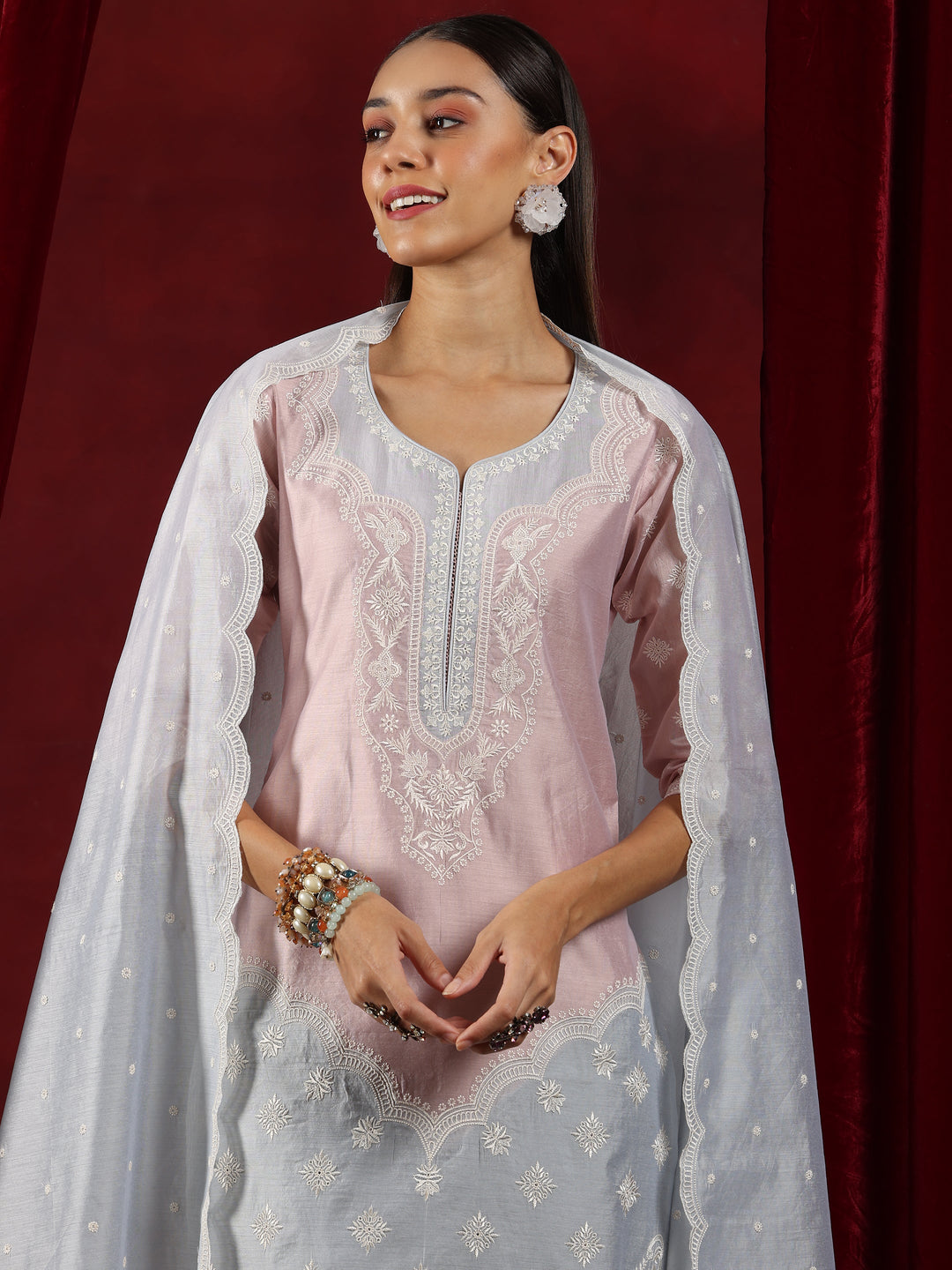 Libas Art Grey Yoke Design Chanderi Silk Straight Suit With Dupatta