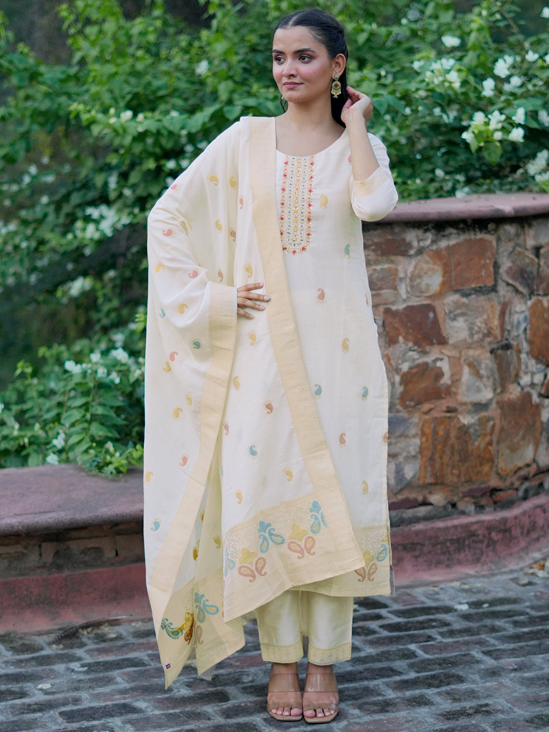 Off White Woven Design Cotton Blend Straight Suit With Dupatta