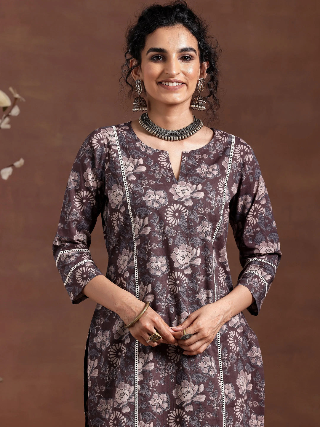 Brown Printed Cotton Straight Kurta Set