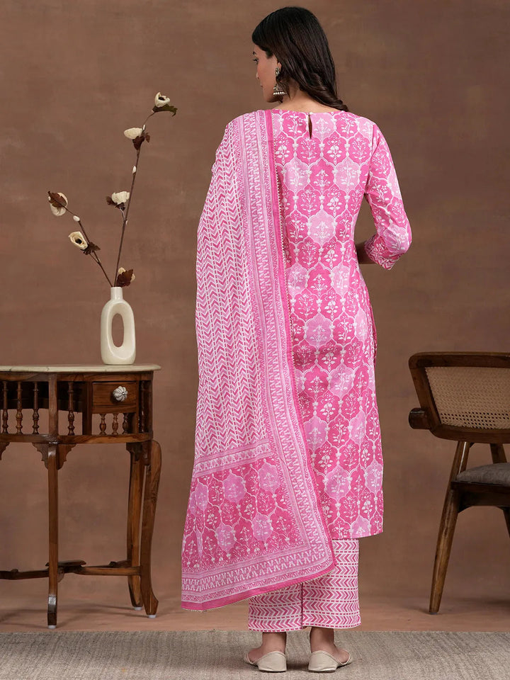Pink Printed Cotton Straight Suit With Dupatta