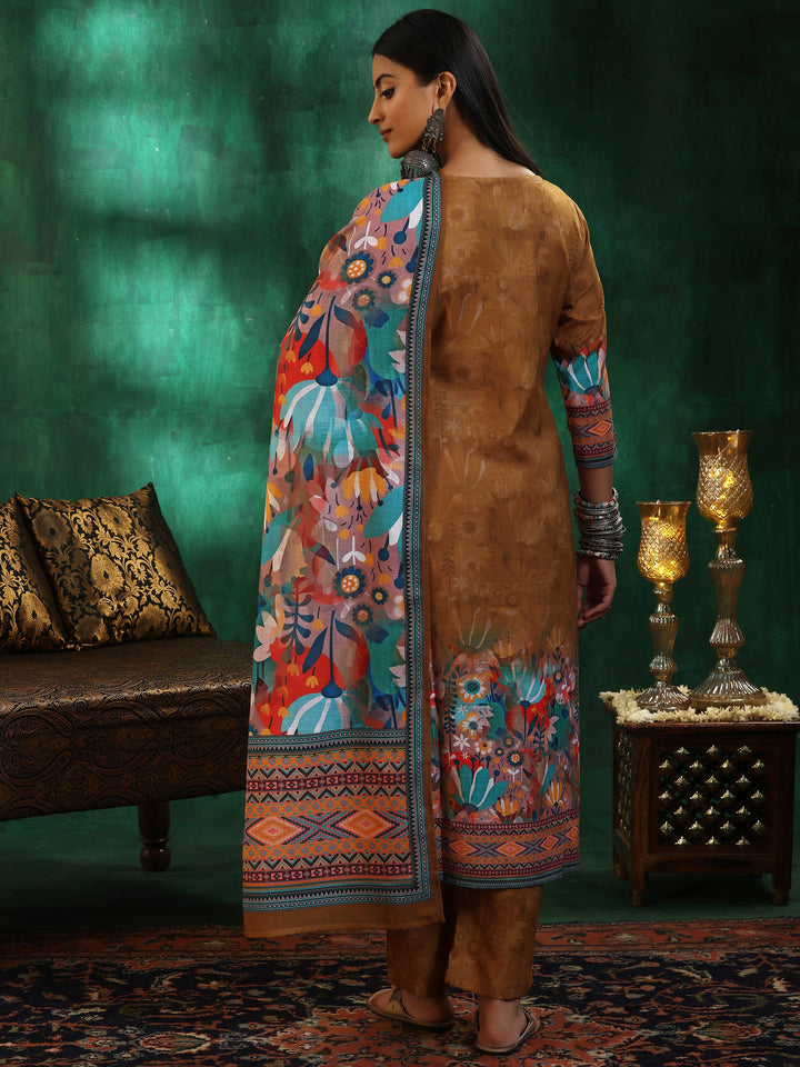 Mustard Printed Linen Straight Suit With Dupatta