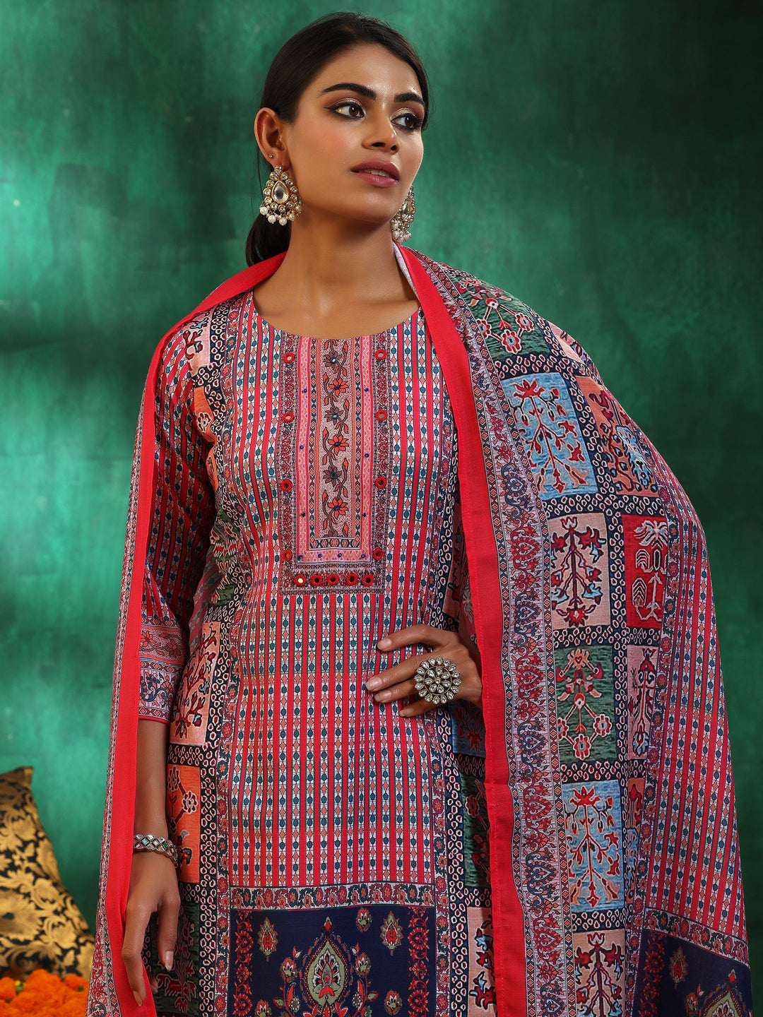 Multicoloured Printed Linen Straight Suit With Dupatta