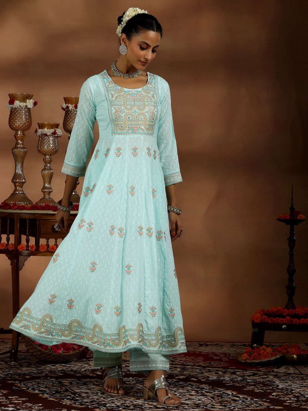 Blue Embroidered Cotton A-line Kurta With Trousers & Dupatta