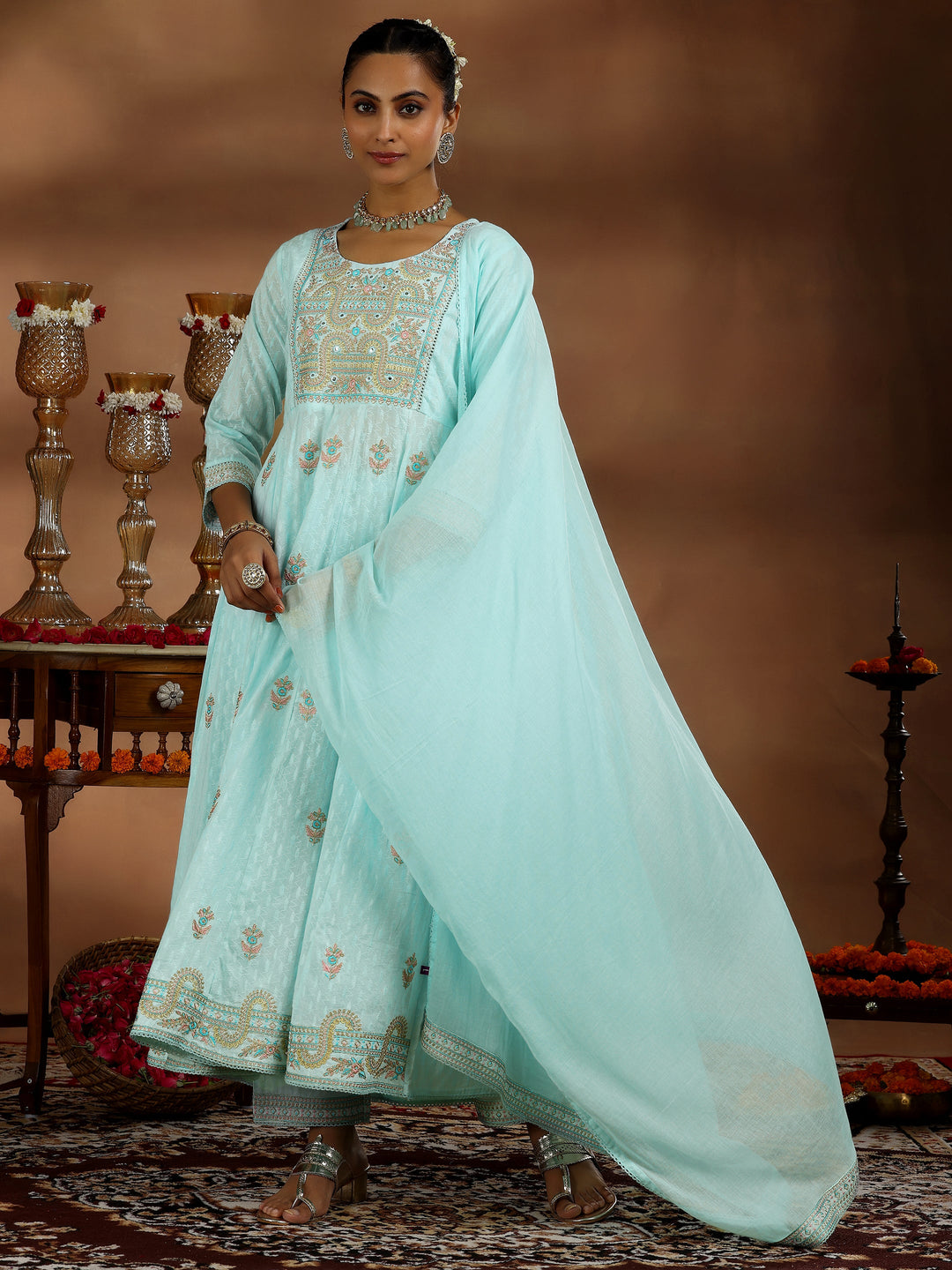 Blue Embroidered Cotton A-line Kurta With Trousers & Dupatta