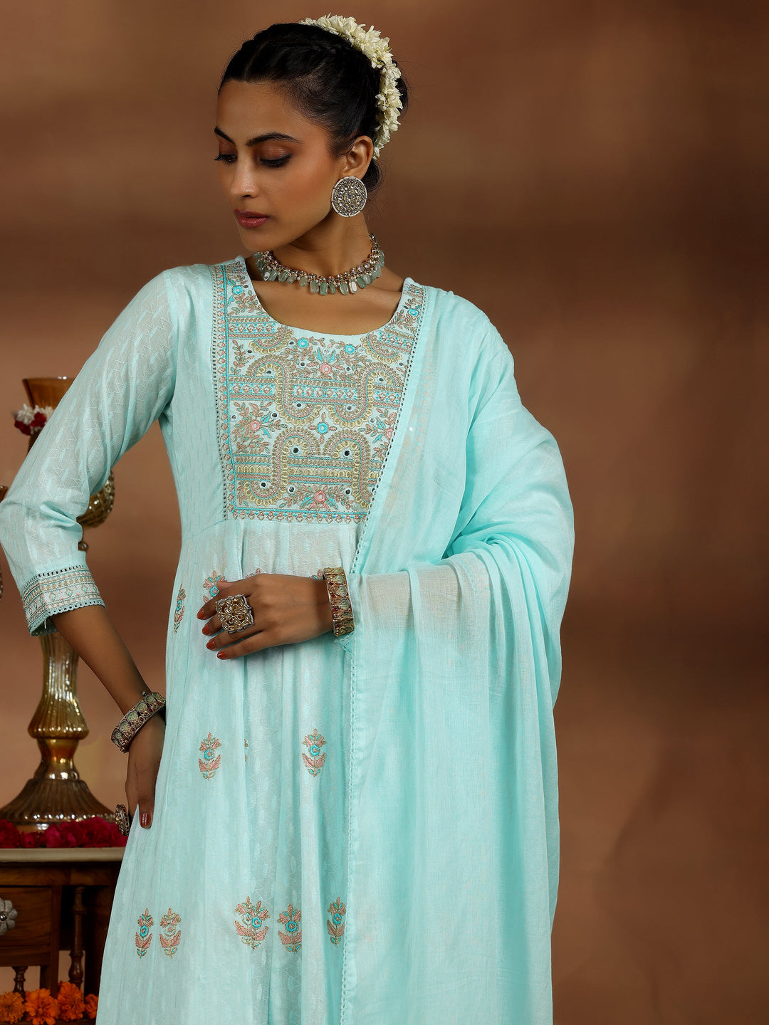 Blue Embroidered Cotton A-line Kurta With Trousers & Dupatta