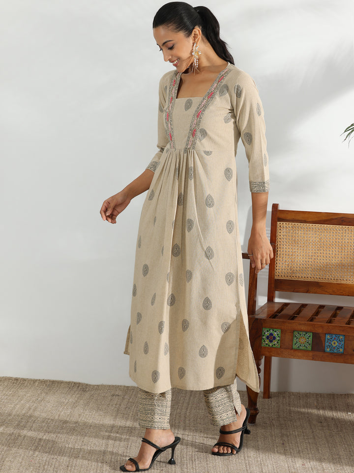 Beige Printed Cotton Blend A-Line Kurta With Trousers