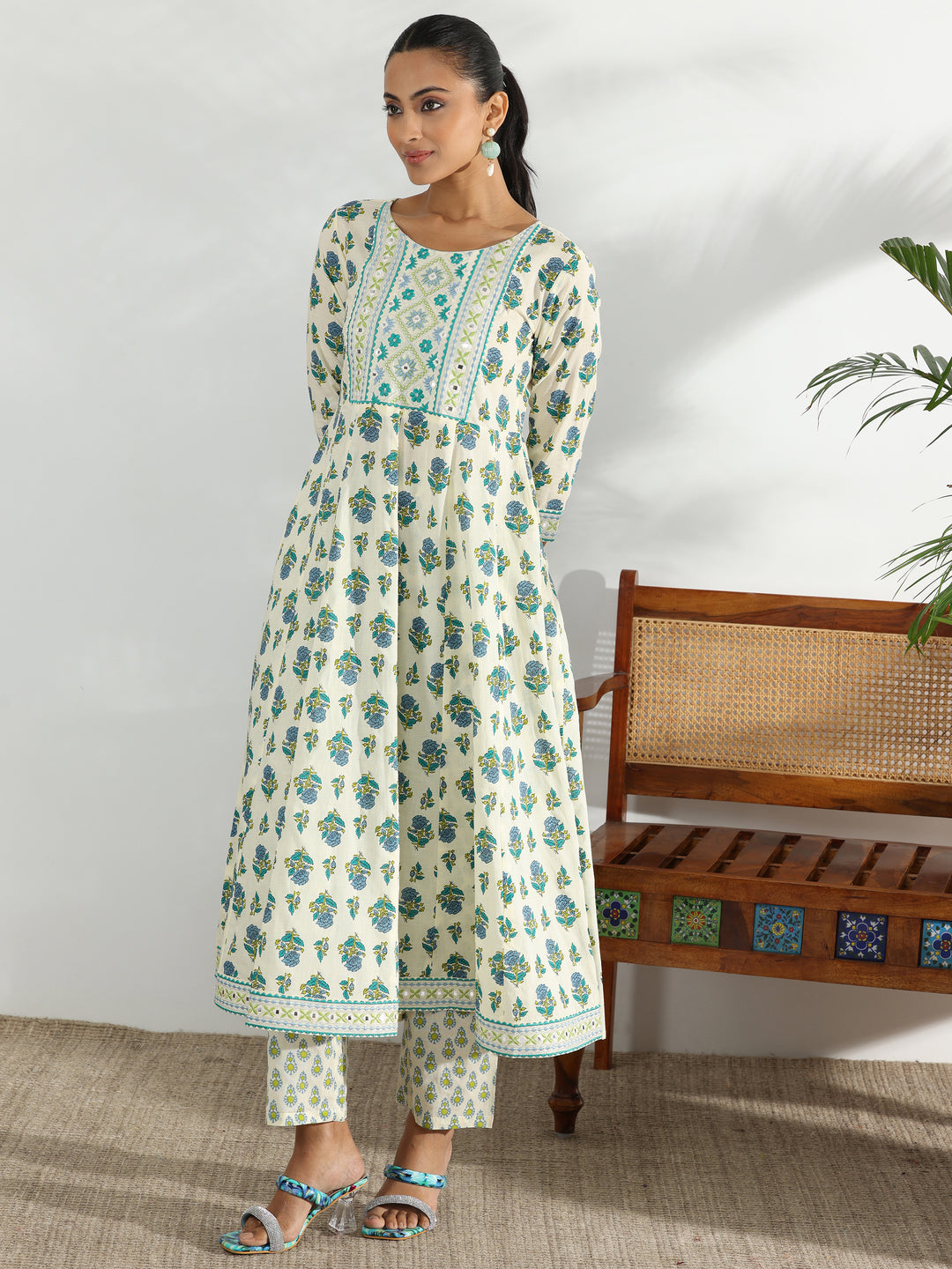 Off White Printed Cotton Anarkali Kurta Set