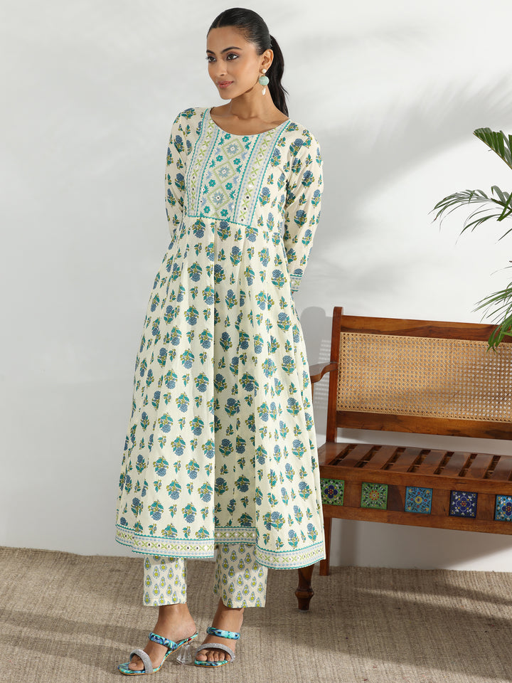 Off White Printed Cotton Anarkali Kurta Set