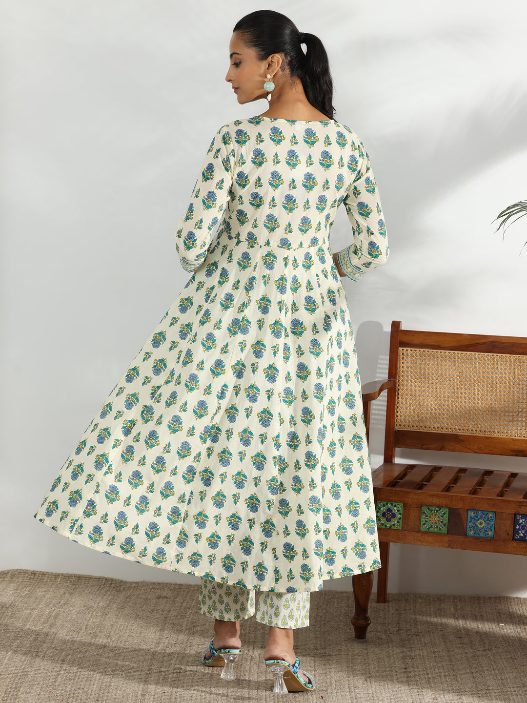 Off White Printed Cotton Anarkali Kurta Set
