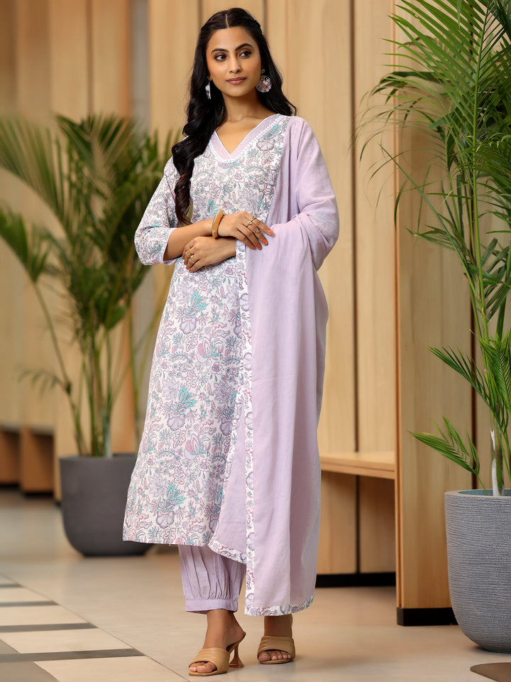 Off White Printed Cotton Straight Suit With Dupatta